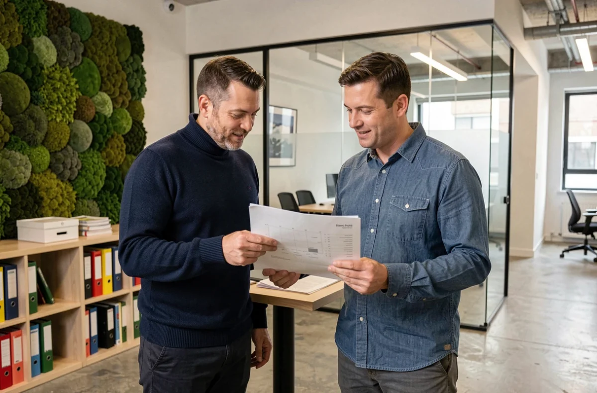 Deux collègues masculins debout à un bureau en hauteur discutant d'un document de projet dans un coworking avec mur végétal