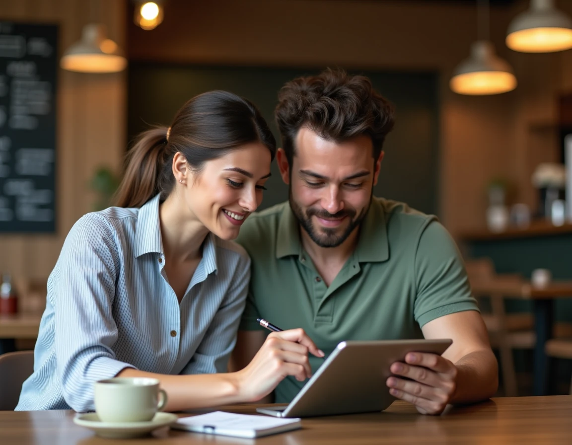 Deux collègues d'une petite entreprise consultant ensemble un logiciel de planification sur une tablette dans un espace de coworking