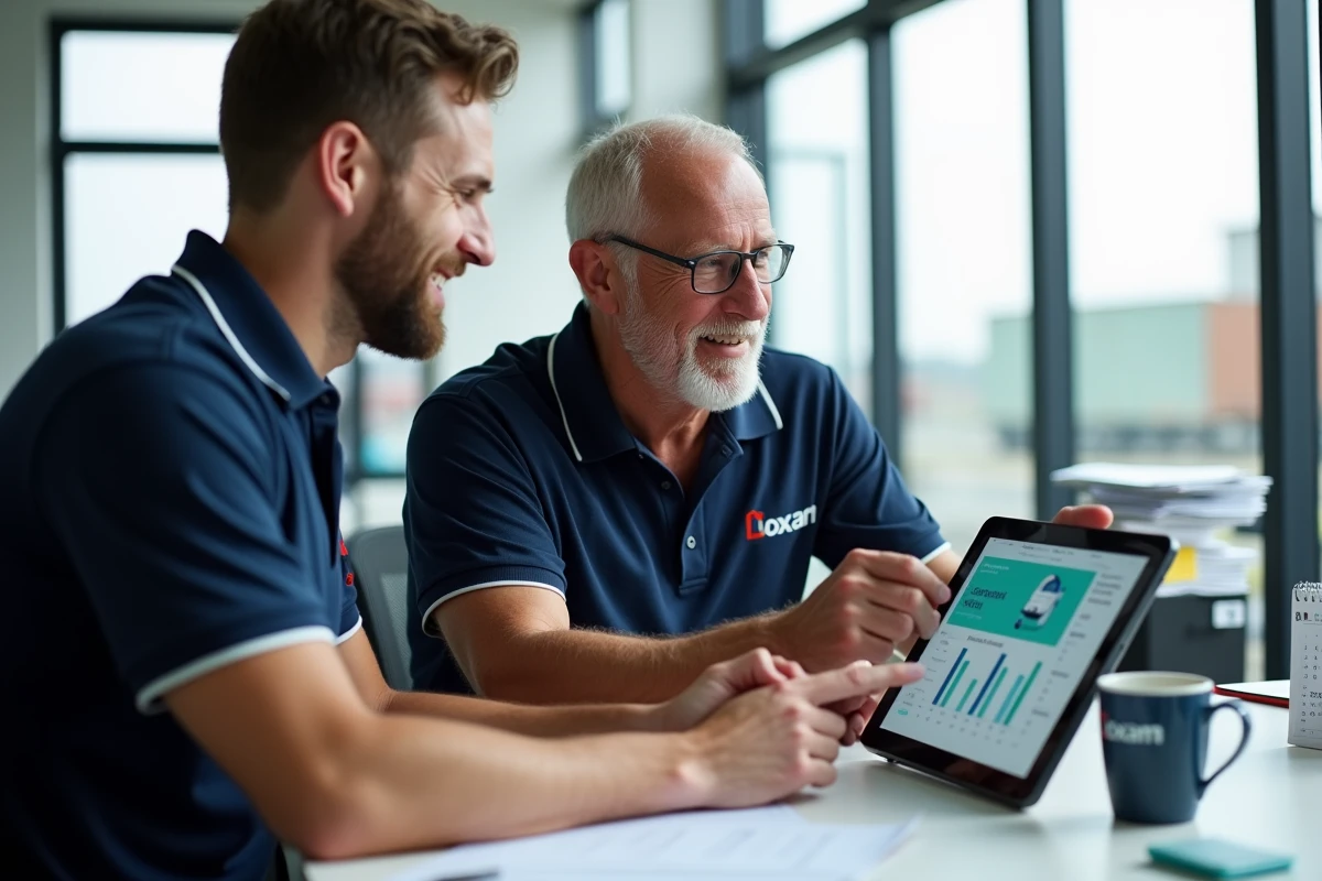 Deux collègues Loxam consultant ensemble le tableau de bord des avantages salariés sur une tablette dans un bureau moderne