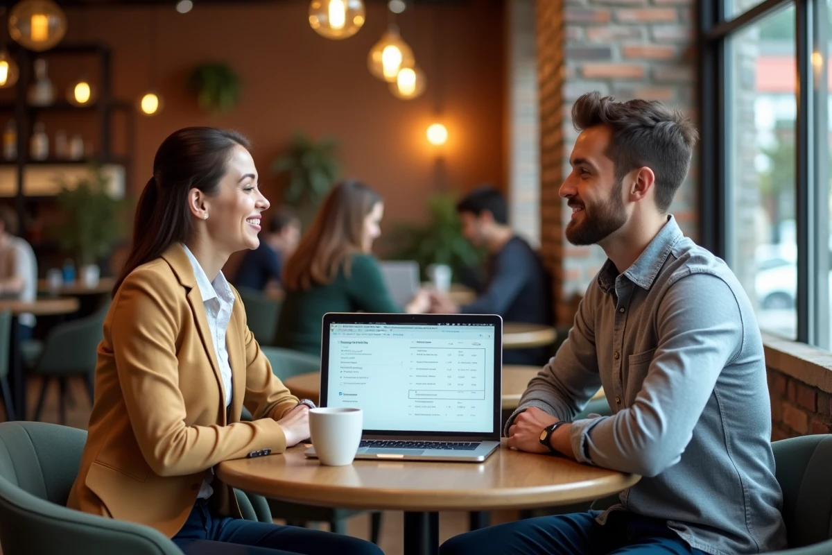 Deux collègues qui discutent d'une offre commerciale digitale claire sur un ordinateur portable dans un espace de travail convivial