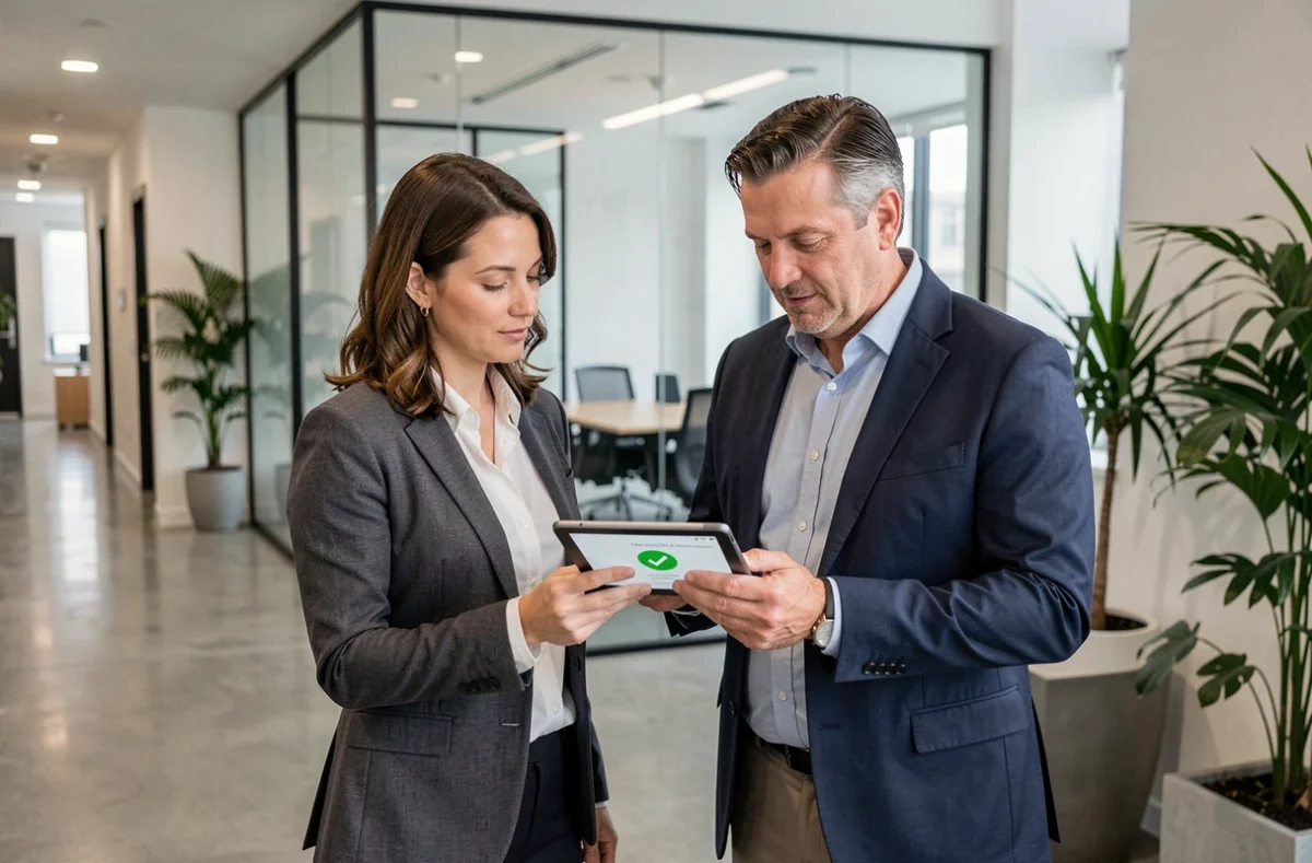Deux collègues consultant ensemble une notification de validation de document sur une tablette dans un couloir de bureau