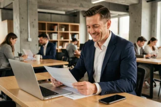 Commercial indépendant en portage salarial consultant des contrats dans un espace de coworking moderne