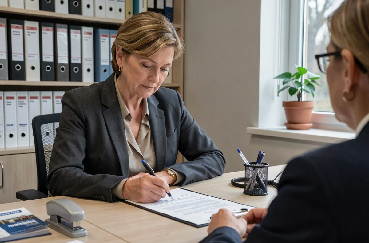 Commerciale en portage salarial signant un contrat de travail avec un responsable des ressources humaines