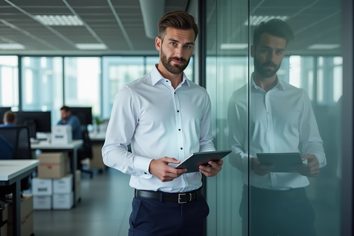 Comptable PME utilisant une solution de coffre-fort électronique sécurisé sur tablette dans un open space professionnel