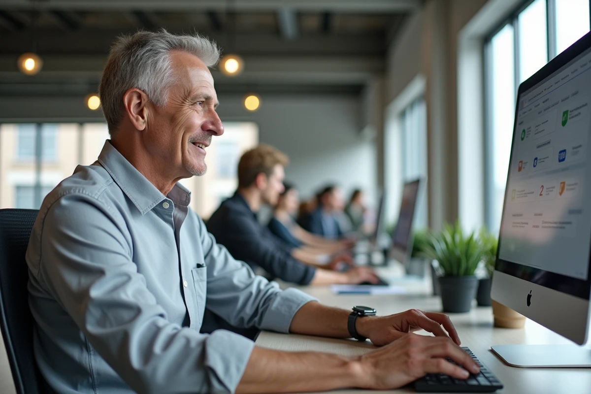 Homme paramétrant son espace personnel en ligne dans un open space professionnel avec un ordinateur de bureau