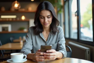 Femme se connectant à son espace personnel MyPeopleDoc sur smartphone dans un café