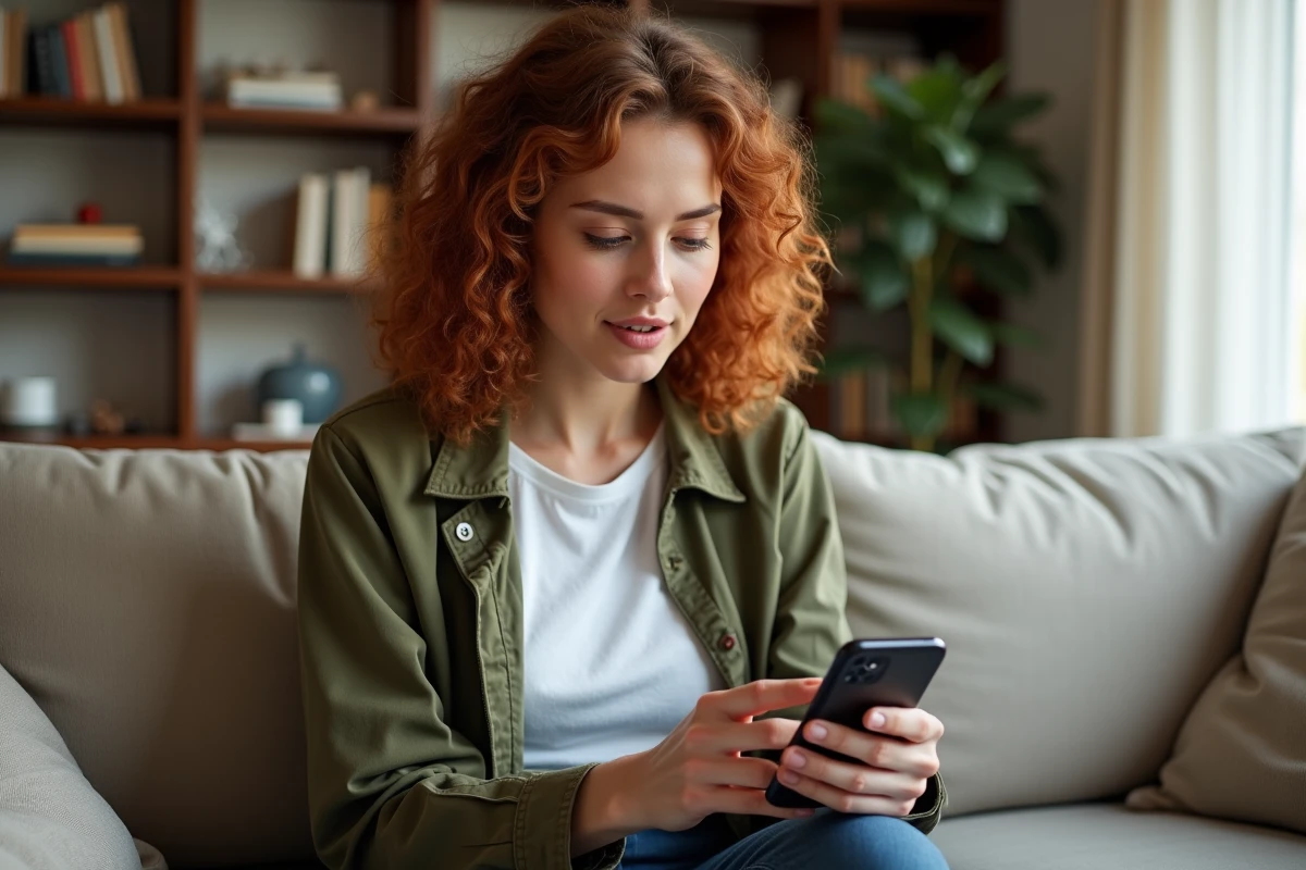 Jeune femme acc&eacute;dant &agrave; son compte MyPeopleDoc depuis son t&eacute;l&eacute;phone portable &agrave; domicile