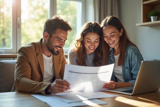 Consultant energie expliquant documents à un couple souriant dans un salon lumineux