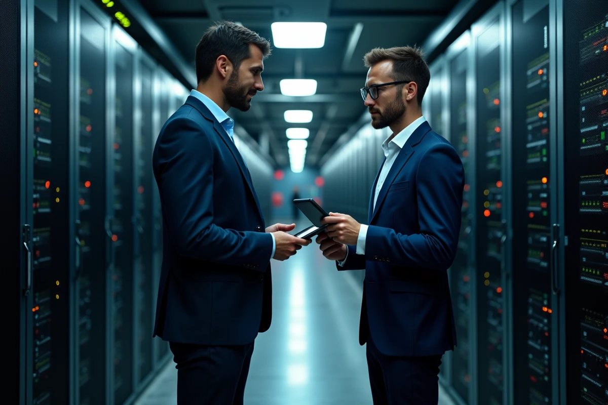 Consultant IT d'un cabinet Big 4 travaillant dans une salle de serveurs lors d'un audit technologique