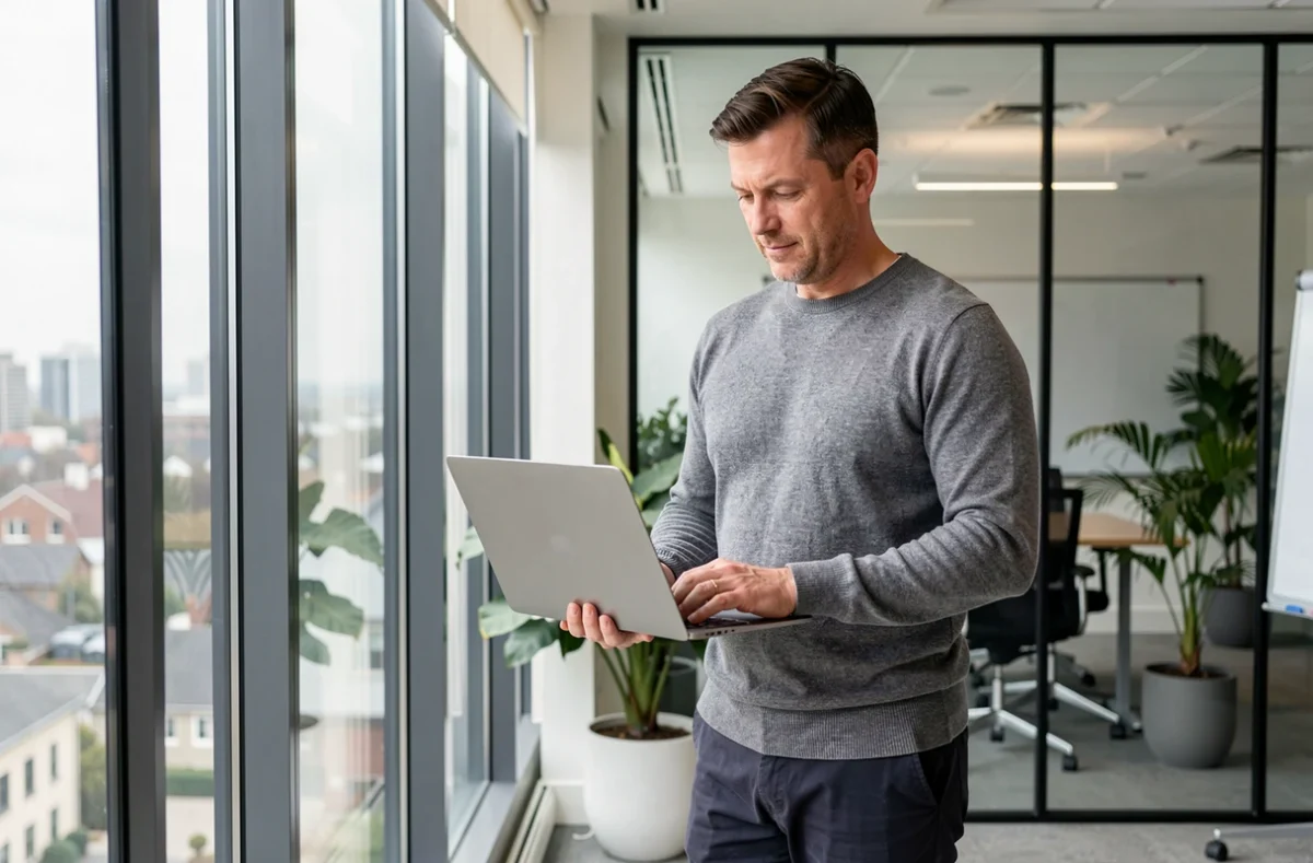 Consultant en portage salarial travaillant de manière flexible dans un bureau moderne et lumineux