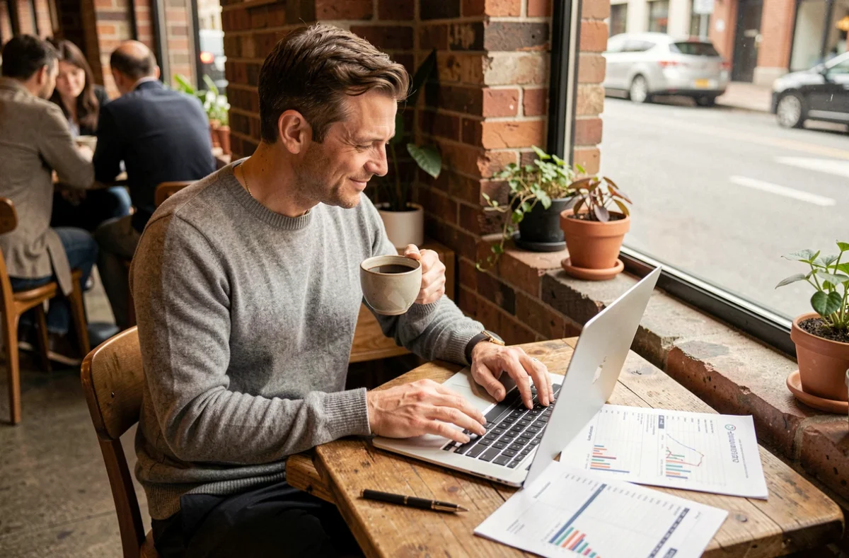 Consultant commercial en portage salarial travaillant en télétravail depuis un café urbain avec un ordinateur portable
