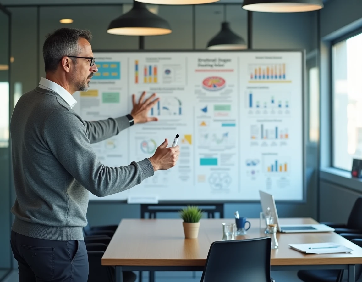 Consultant en webmarketing présentant une stratégie digitale sur un tableau blanc lors d'une réunion en agence