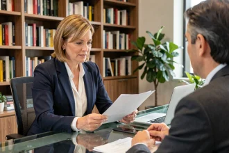 Consultante experte en réunion avec un client dans un bureau moderne, illustrant le conseil professionnel et l'expertise métier