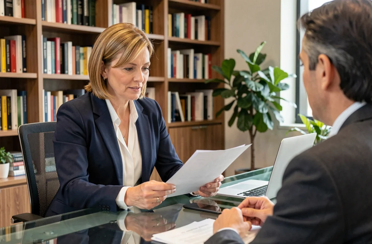 Consultante experte en réunion avec un client dans un bureau moderne, illustrant le conseil professionnel et l'expertise métier