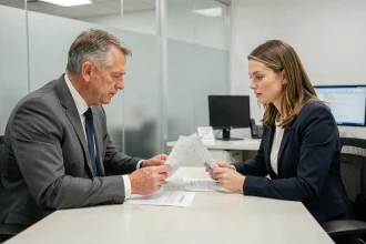 Un homme en costume gris discute avec une conseillère Pôle emploi de son dossier de faute grave, documents posés sur le bureau