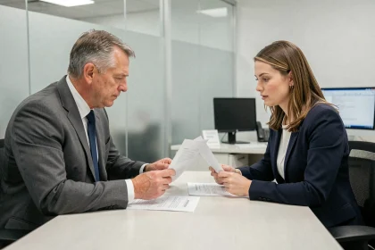 Un homme en costume gris discute avec une conseillère Pôle emploi de son dossier de faute grave, documents posés sur le bureau