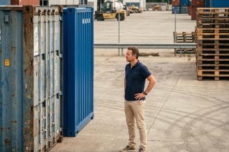 Homme comparant un container d'occasion rouillé et un container neuf dans un port industriel