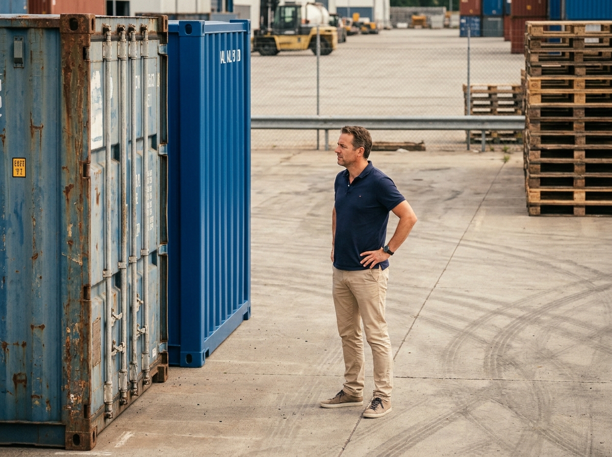 Homme comparant un container d'occasion rouillé et un container neuf dans un port industriel