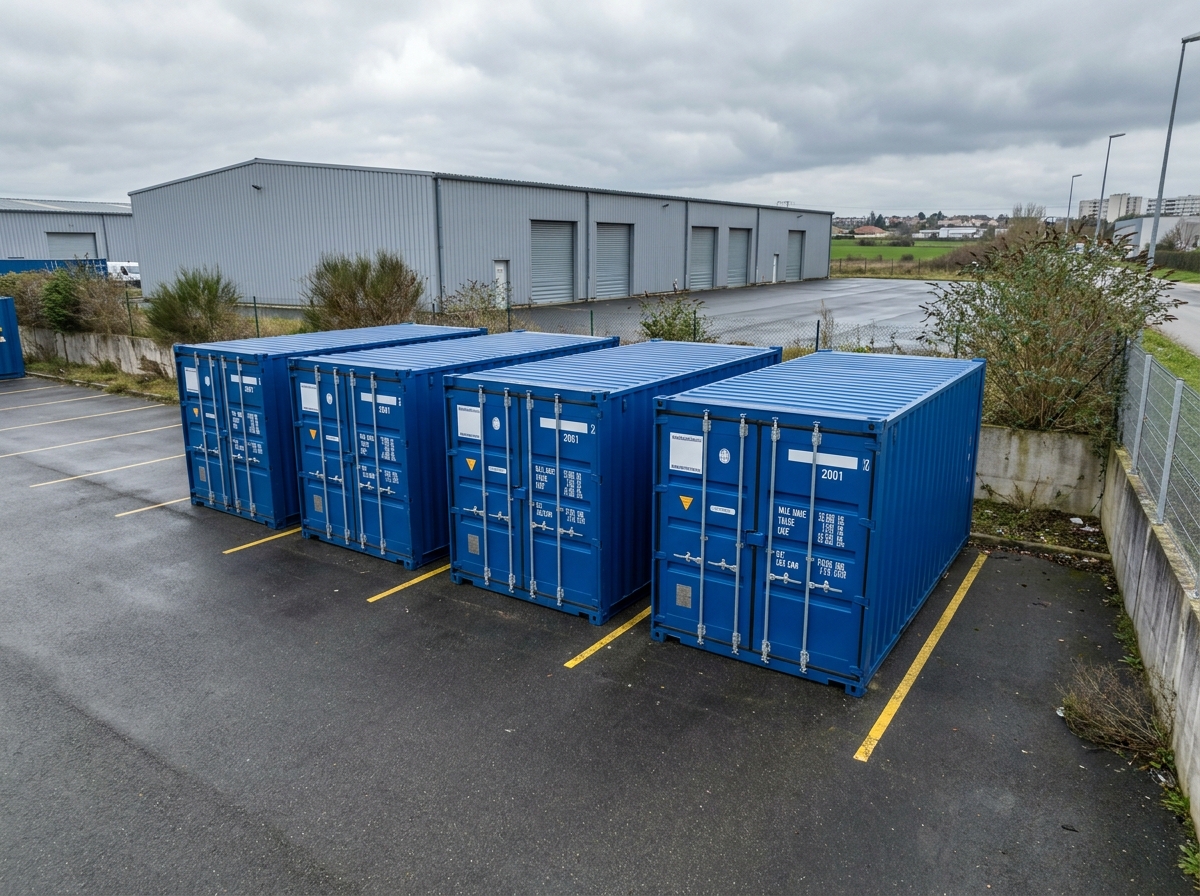 Rangée de containers neufs livrés dans un entrepôt commercial pour une entreprise