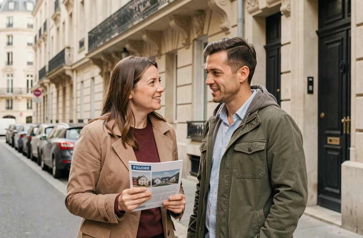 Couple en recherche immobilière devant un appartement, envisageant un crédit via le portage salarial
