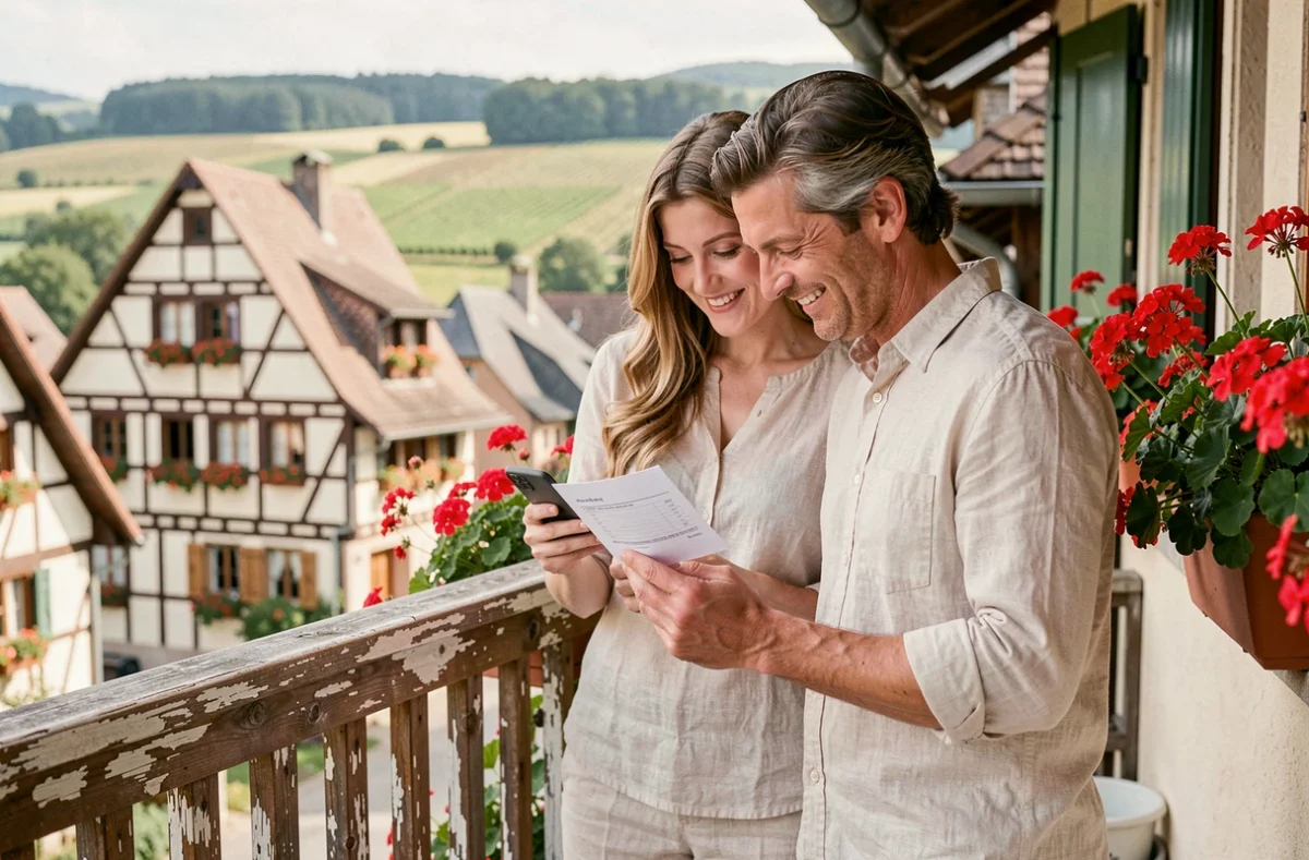 Couple consultant une réservation en ligne sur smartphone depuis le balcon fleuri d'un gîte alsacien avec vue sur les vignes et le village d'Eguisheim