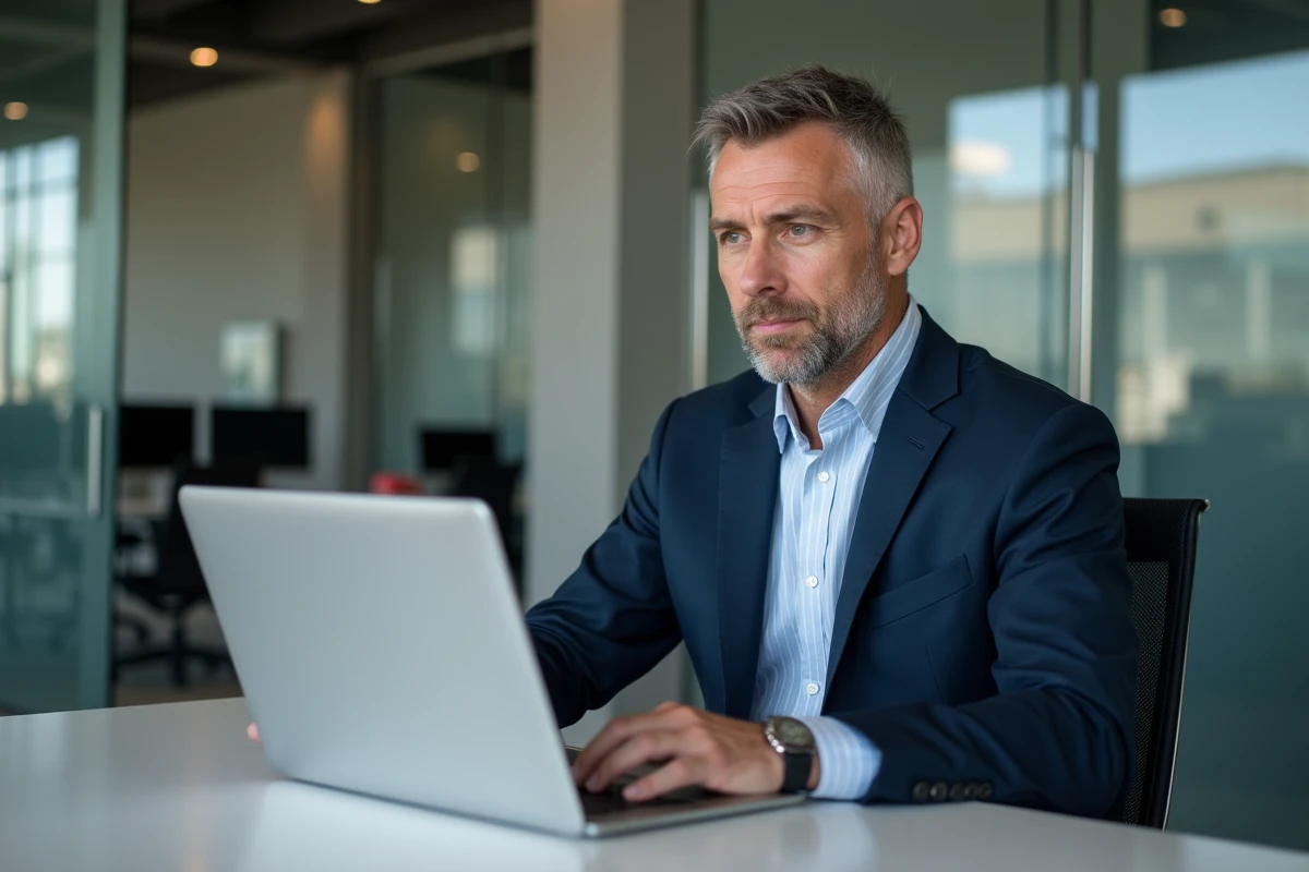 Courtier en assurance en bureau moderne avec ordinateur