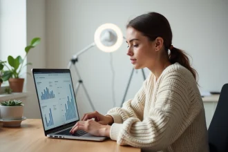 Créatrice de contenu analysant ses revenus sur une plateforme de monétisation en ligne depuis son bureau à domicile