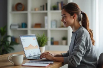 Jeune femme débutante en marketing d'affiliation travaillant sur un tableau de bord Conversant sur son ordinateur portable dans un bureau à domicile