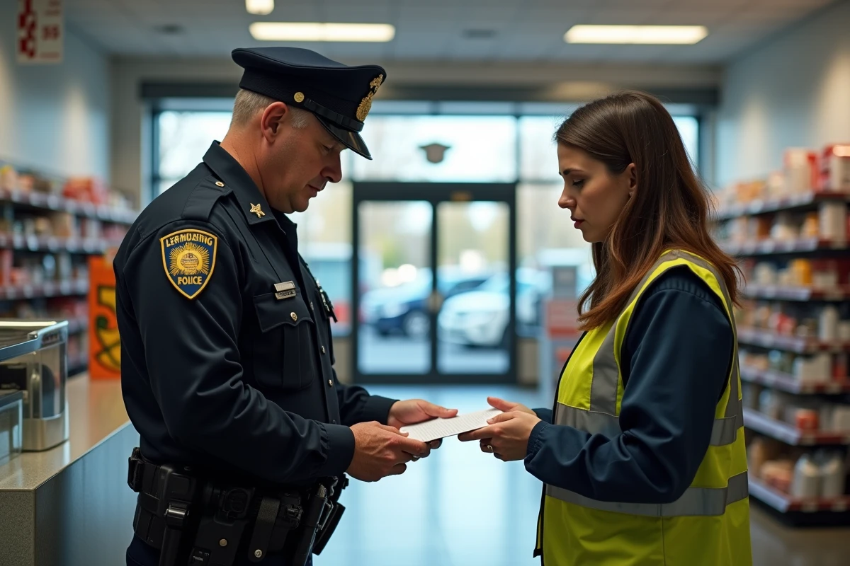 Policier recevant un dépôt de plainte pour vol en magasin auprès d'une employée de commerce à l'accueil d'un supermarché