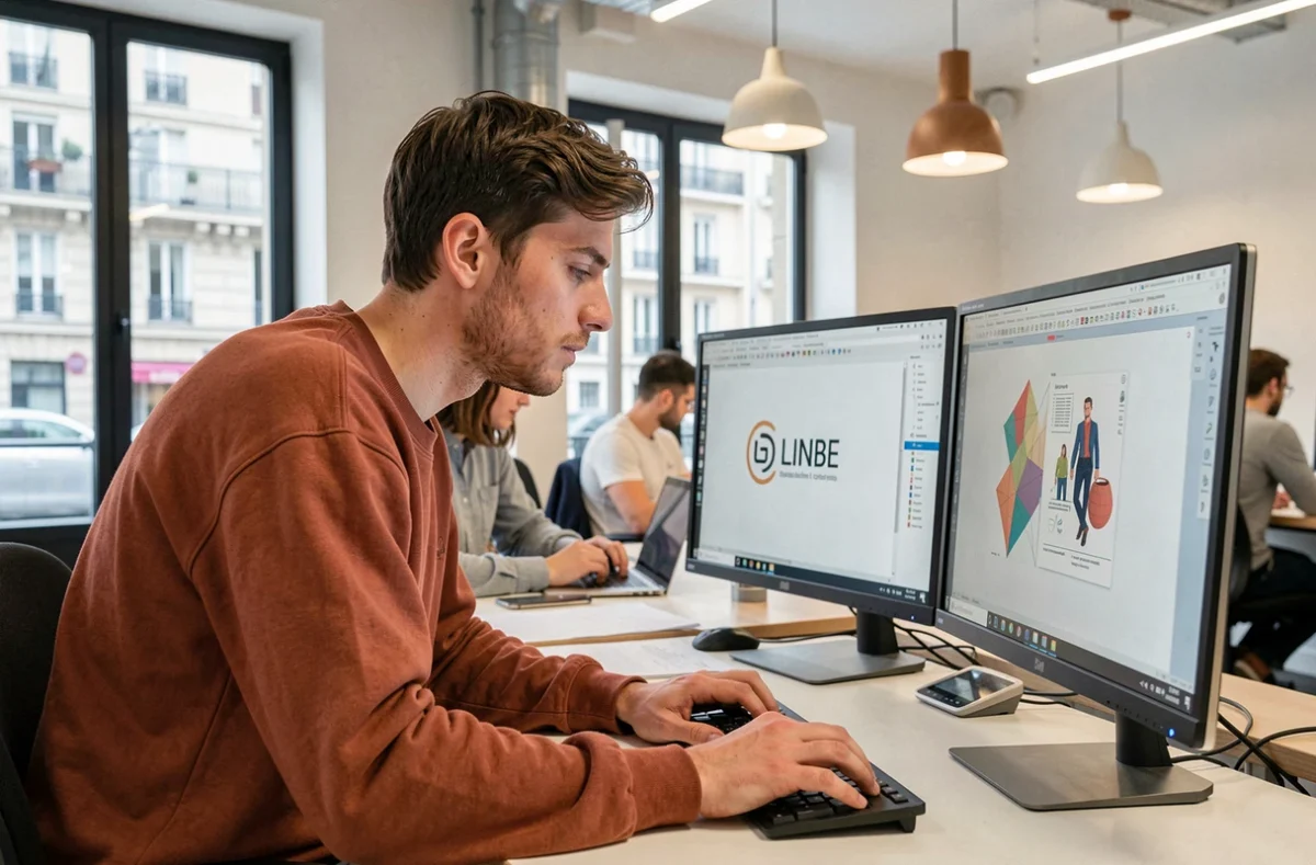Designer graphique travaillant sur une identité de marque à protéger via l'INPI dans un espace de coworking parisien