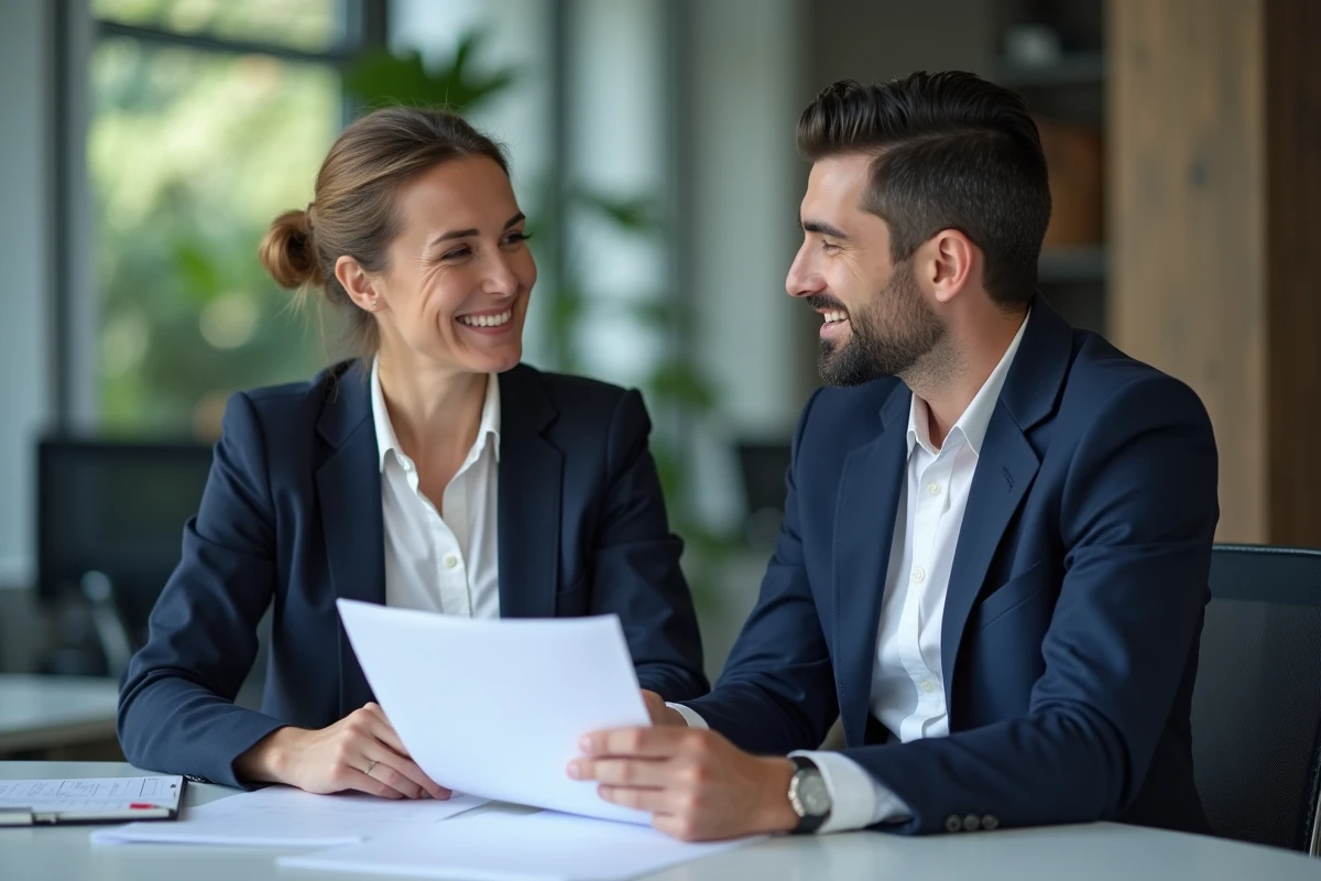 Responsable RH accueillant un nouveau salarié lors d'une séance d'intégration dans un bureau moderne