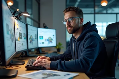 Développeur de jeux vidéo pensif devant des écrans affichant des assets 3D d'une franchise sci-fi, dans un studio de développement moderne