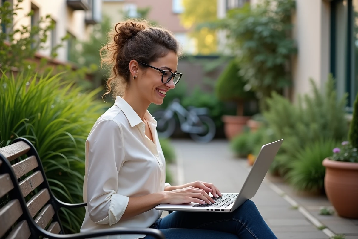Développeuse freelance en extérieur dans un jardin urbain