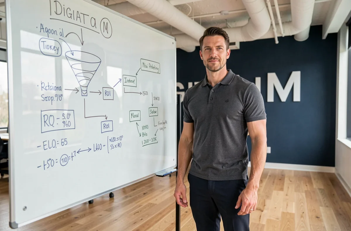Responsable marketing digital de Digital M présentant une stratégie digitale complète sur un tableau en verre dans un bureau moderne à la décoration épurée