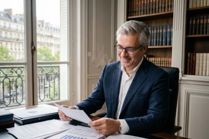 Dirigeant d'entreprise du 16e arrondissement analysant des documents fiscaux dans un bureau parisien haussmannien