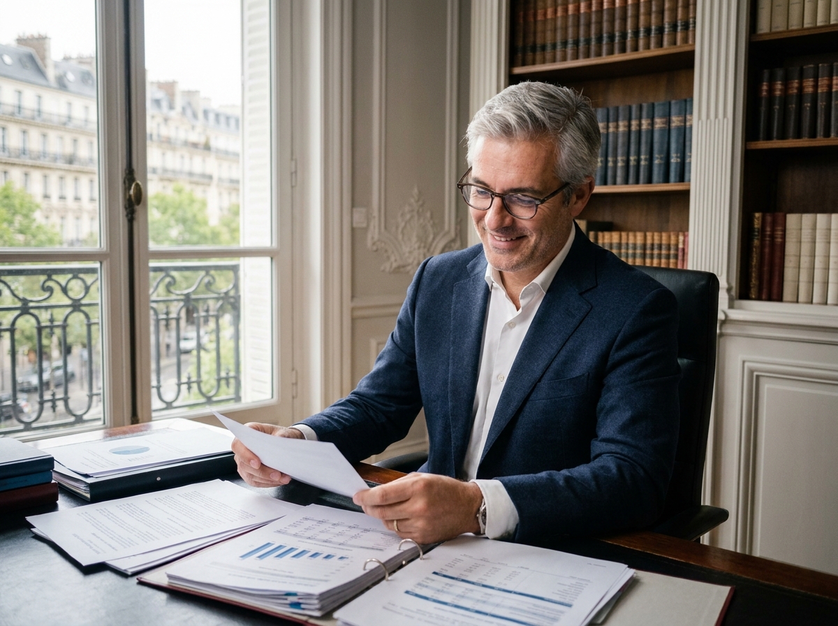 Dirigeant d'entreprise du 16e arrondissement analysant des documents fiscaux dans un bureau parisien haussmannien