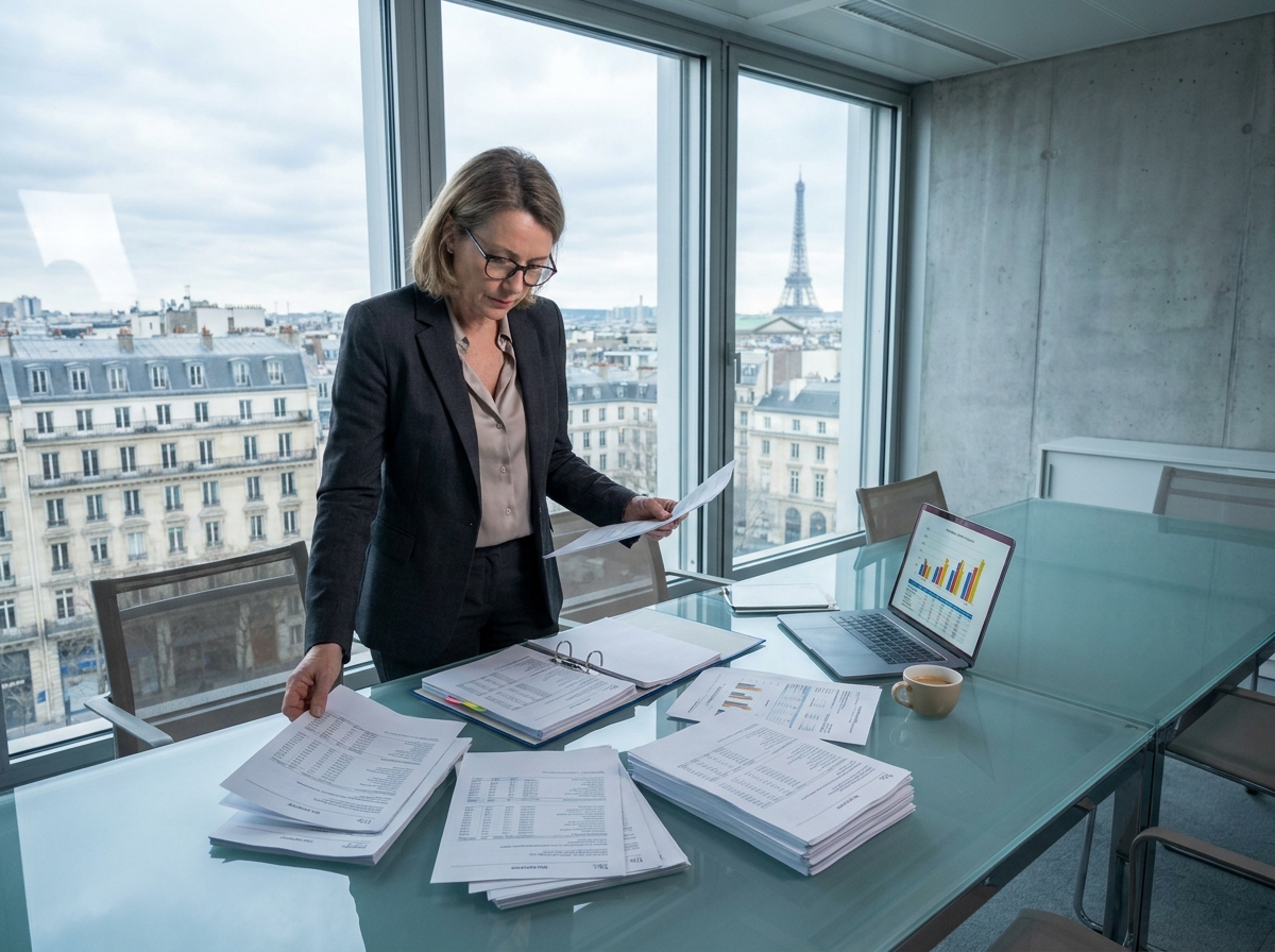 Femme dirigeante consultant des rapports de TVA et charges sociales dans une salle de réunion moderne à Paris