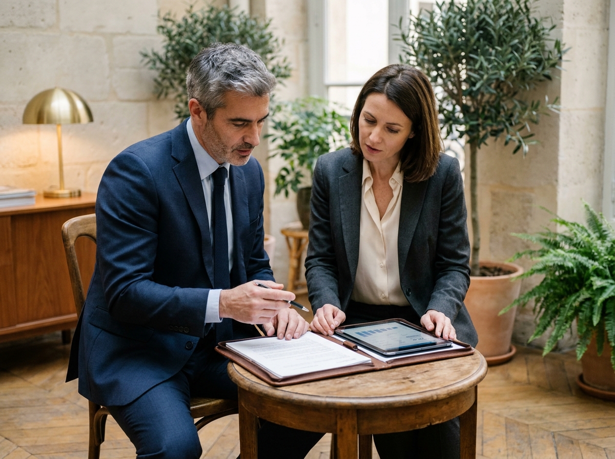 Deux dirigeants parisiens du 16e arrondissement discutant de fiscalité locale avec un expert-comptable dans un cabinet professionnel
