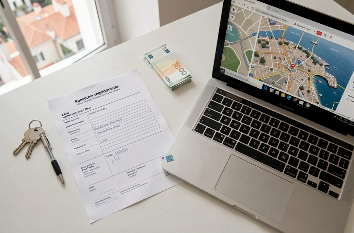 Documents administratifs et coût de domiciliation d'entreprise à Nice disposés sur un bureau avec formulaires officiels et billets en euros
