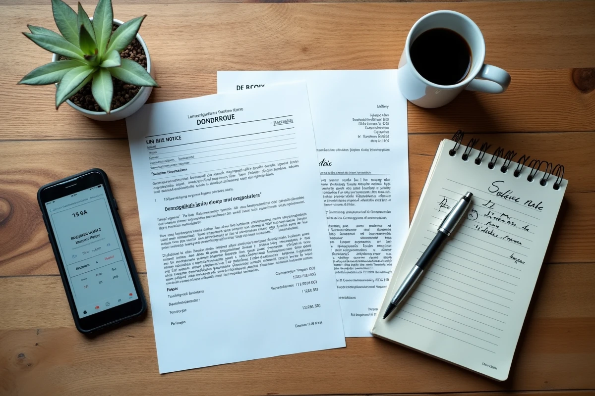 Flat lay de documents fiscaux fran&ccedil;ais et contrat de travail remote sur une table en bois