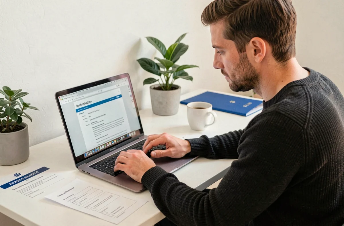 Entrepreneur consultant un dossier de domiciliation d'entreprise en ligne depuis son bureau à domicile