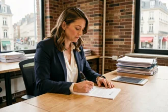 Femme d'affaires signant des documents de domiciliation d'entreprise dans un espace de coworking à Amiens