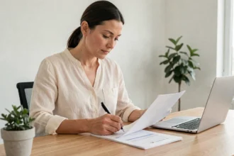 Femme entrepreneur remplissant un formulaire de domiciliation d'entreprise individuelle dans un bureau à domicile