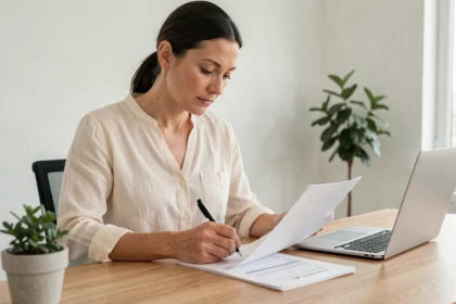 Femme entrepreneur remplissant un formulaire de domiciliation d'entreprise individuelle dans un bureau à domicile