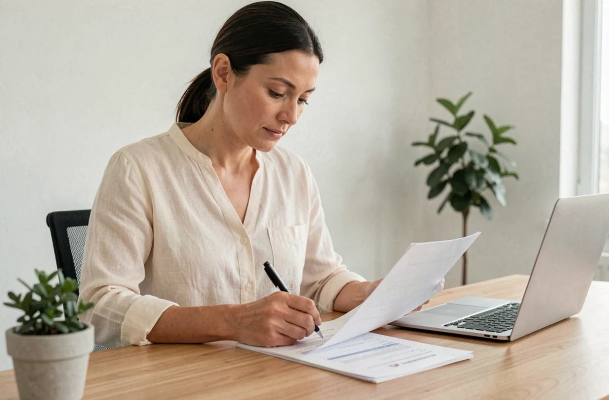 Femme entrepreneur remplissant un formulaire de domiciliation d'entreprise individuelle dans un bureau à domicile
