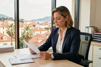 Femme cheffe d'entreprise consultant des documents de domiciliation dans un bureau moderne de Nice avec vue sur la ville