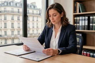 Femme dirigeante d'entreprise consultant des documents administratifs pour la domiciliation de sa société à Versailles