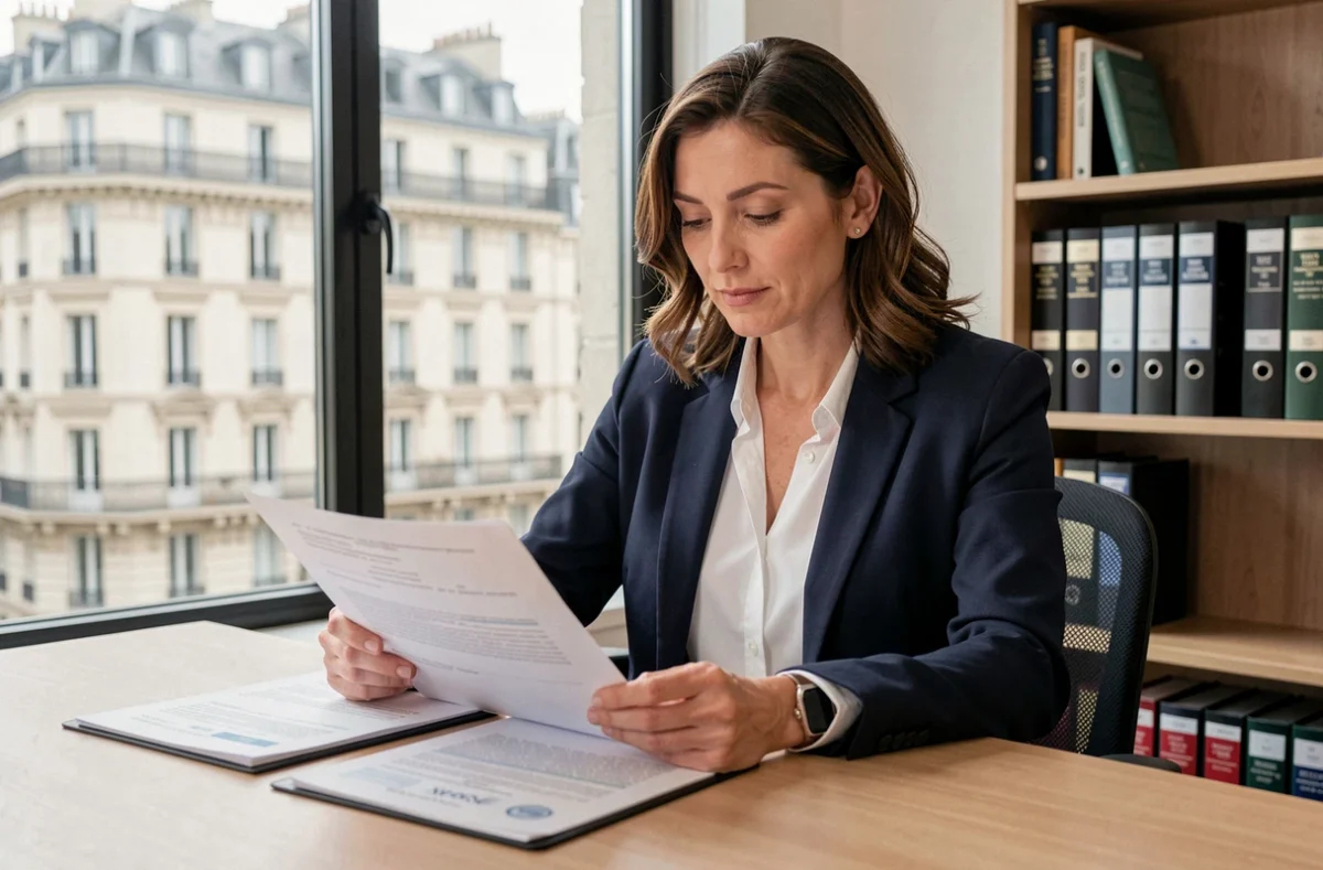 Femme dirigeante d'entreprise consultant des documents administratifs pour la domiciliation de sa société à Versailles