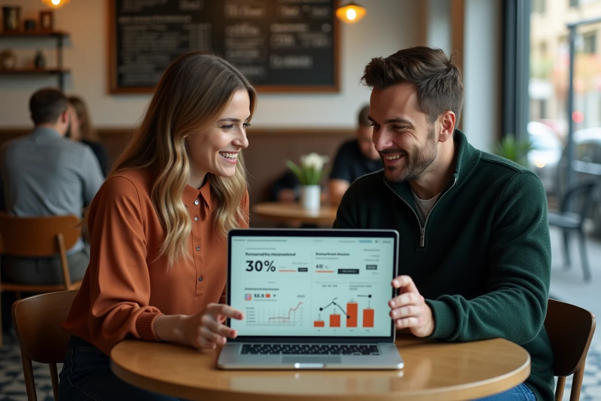 Deux jeunes entrepreneurs discutant d'un projet de lancement d'entreprise autour d'un ordinateur portable dans un café urbain