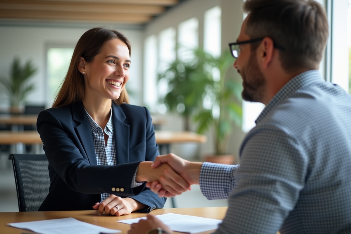 Deux professionnels se serrent la main dans un bureau lumineux